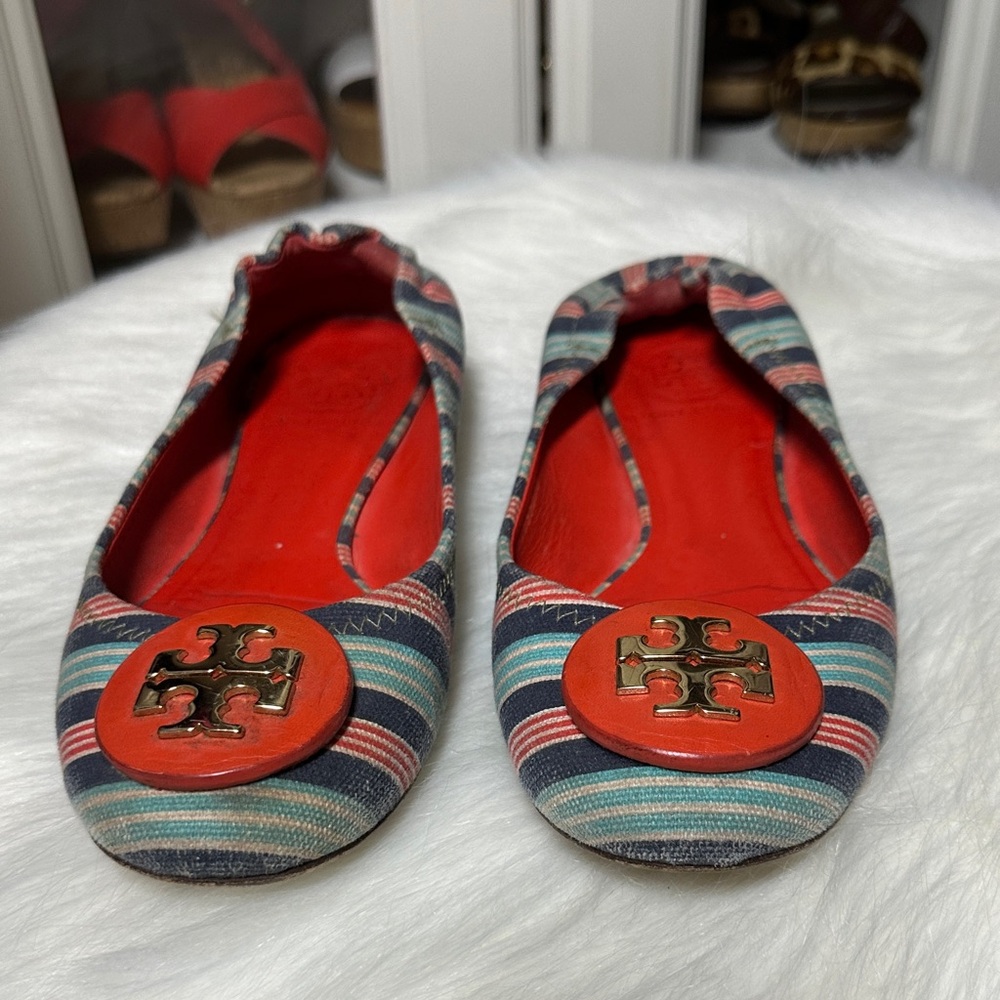 Tory Burch Striped Flats with Red Accents